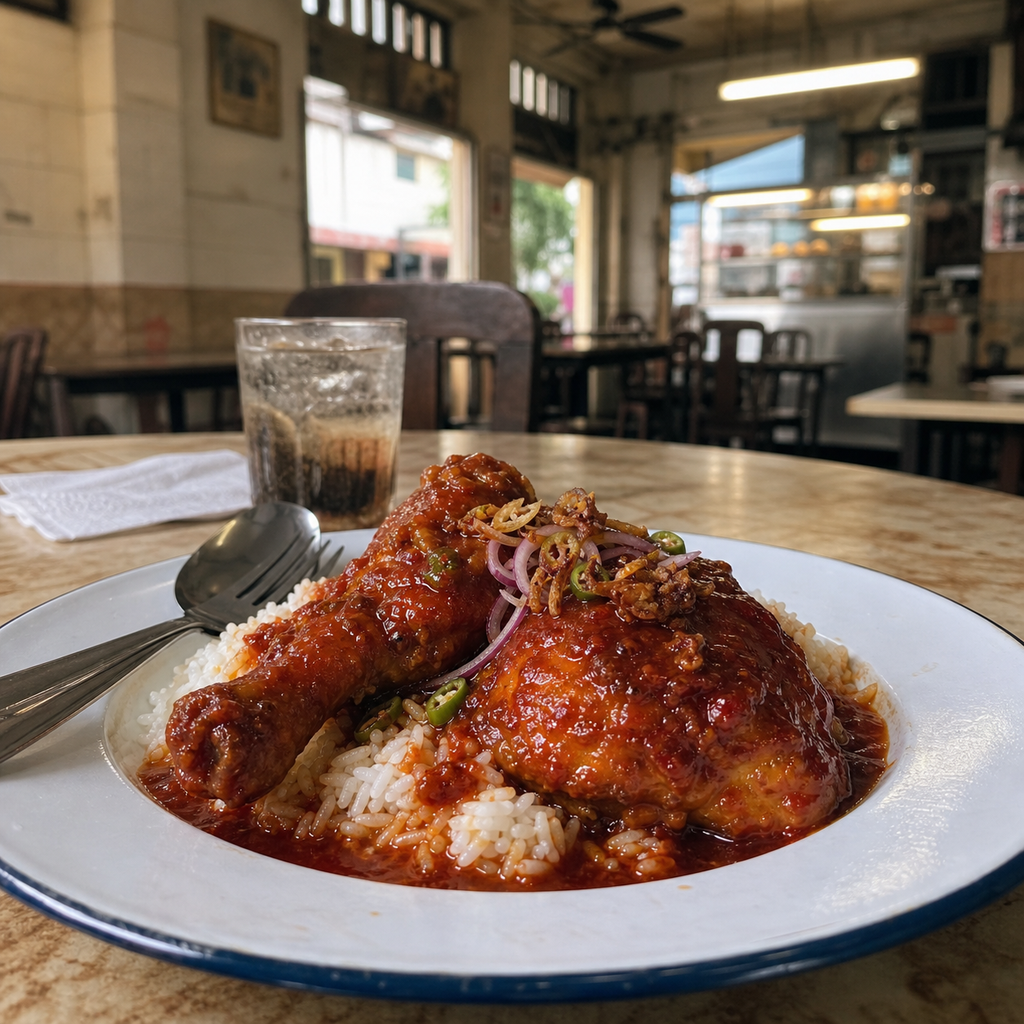 A plate of ayam masak merah with white rice at a Kuala Lumpur kopitiam