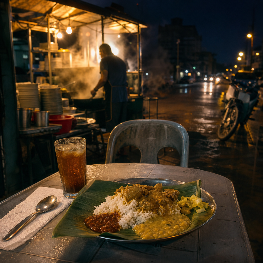 Eating banana leaf rice with curry by hand at a night roadside stall in Penang