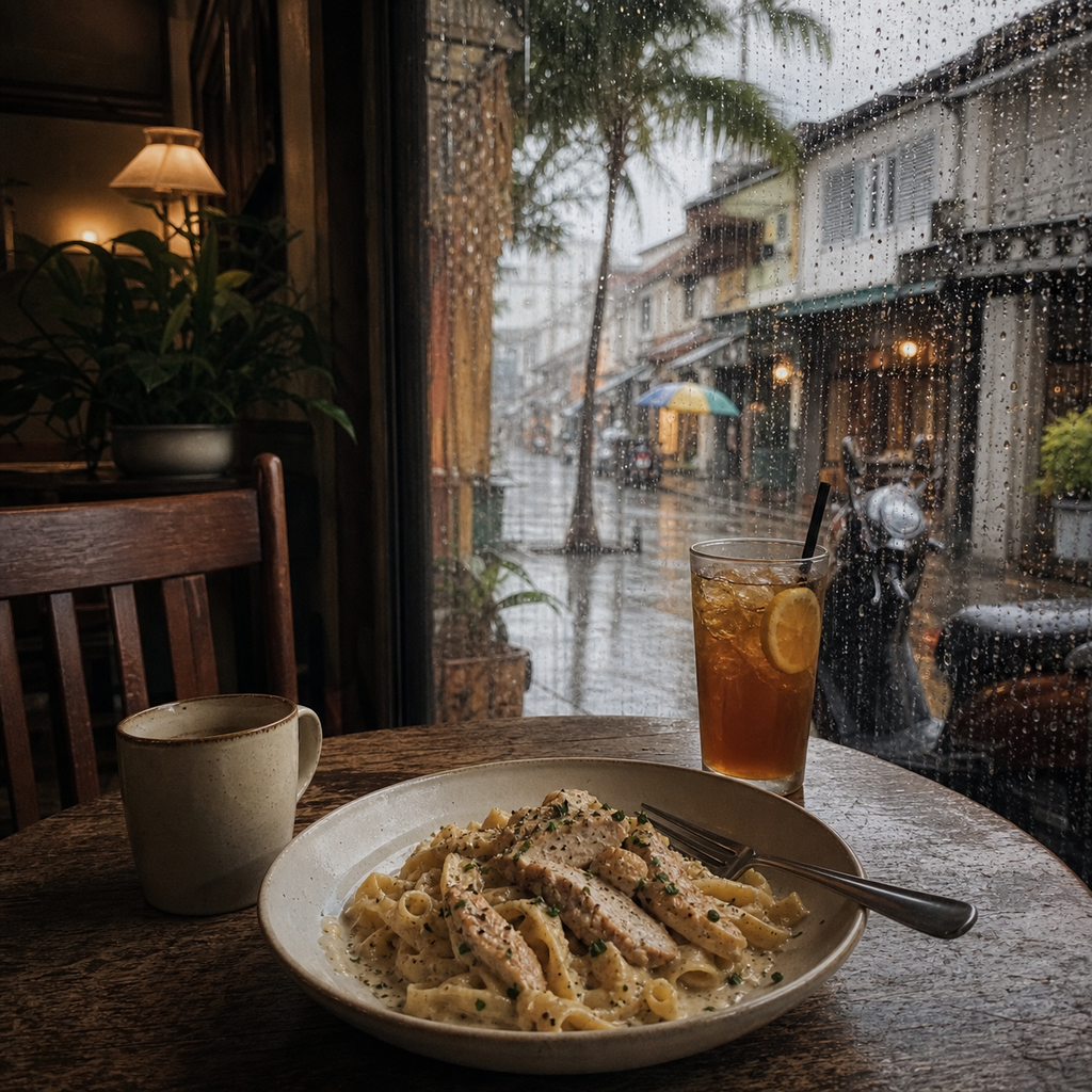 Creamy chicken pasta on a cafe table beside a rain-streaked window in George Town, Penang