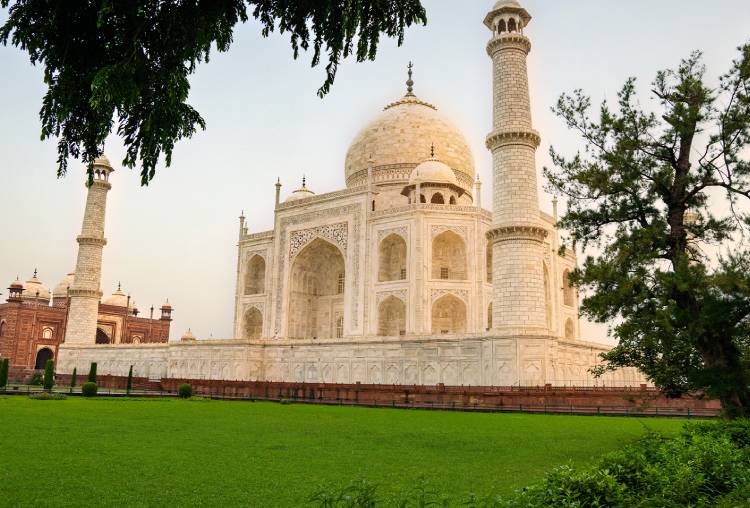 The Taj Mahal and a minaret seen through trees across the lawn