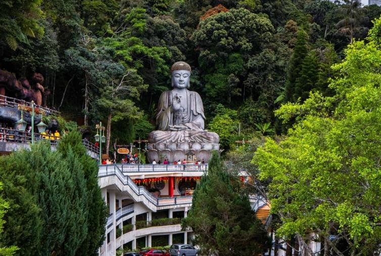 The winding road up the mountain, with the Buddha watching from the hill